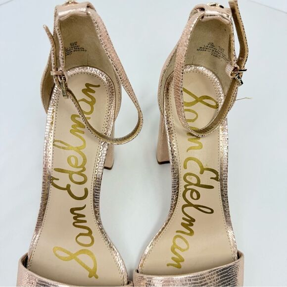 Sam Edelman YARO Rose Gold Leather Metallic Reptile Chunky 4" Open Toe Sandals - Picture 9 of 16